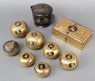 A Chinese black lacquered twin handled jar and cover decorated figures 4" x 5" and a Burmese gilt and black lacquered trinket box with hinged lid 2 1/2" x 8" x 4 1/2" and 7 circular trinket boxes and covers 