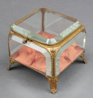 A Victorian square gilt metal and faceted glass trinket box with hinged lid and plush interior 4" x 4" x 4 1/2" 
