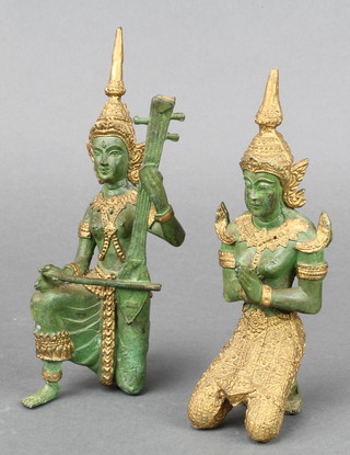 A Burmese bronze and gilt bronze figure in the form of a kneeling musician 7" and a ditto kneeling figure in prayer 7" 