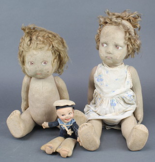 A Norah Wellings felt doll in the form of a sailor 8" and 2 other felt dolls 18" and 14" (some moth) 
