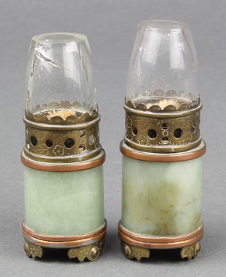 A pair of Chinese cylindrical jade miniature opium lamps with bronze and gilt metal mounts and glass shades 3" 