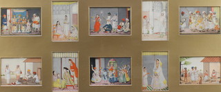 19th Century Indian watercolours, a set of 10 framed as 1, studies of figures in pavilions in procession with attendants 3" x 4" 