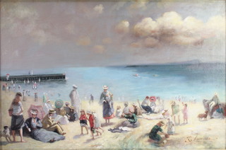 Laurence, oil on canvas, signed, study of Edwardian figures at the beach 19 1/2" x 29 1/2" 