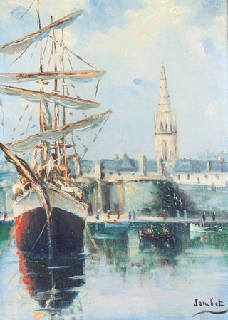 R Jainbot, oil on canvas, signed, Continental harbour view 12 1/2" x 9" 