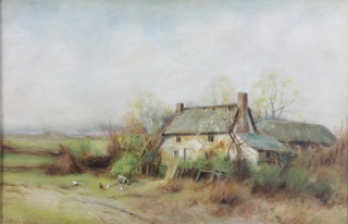 An Edwardian oil on canvas, unsigned, country cottage 12" x 18" 