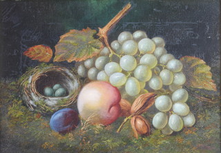 Oil on canvas, unsigned, still life study with fruit, birds nest with eggs 9" x 13 1/2" 