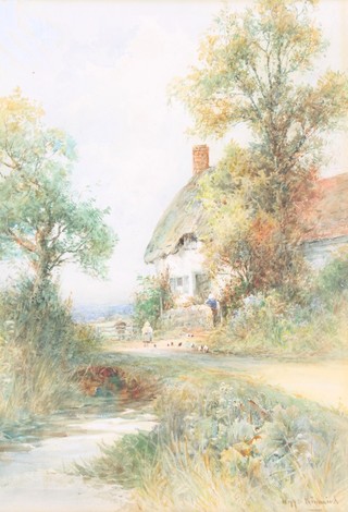 Wiggs Kinnaird, watercolour, signed, figures before a thatched cottage 12 1/2" x 8 1/2" 