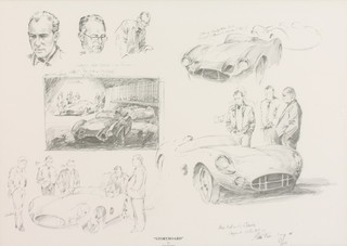 Alan Fearnley a limited edition print "New Kid on the Block" no. 211/300 showing Roy Salvadori, Sterling Moss and others at the Aston Martin workshop in 1956 16" x 23", together with a black and white  print "Storyboard" 11" x 16", both signed 