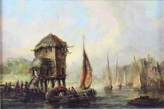 19th Century oil on board, unsigned, moored fishing boats 6" x 9" 