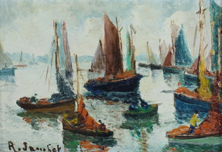 R Jainbot, a pair of oils on board, signed, studies of boats 7" x 10" 