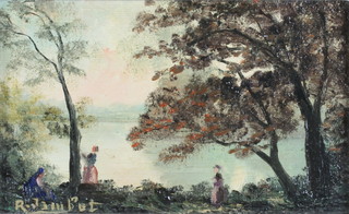 R Jainbot, after Corot, oil on panel, figures beside a lake 5" x 8" 

