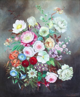 Mavis Devitt, oil on canvas, signed, still life study of flowers 24" x 19 1/2 "