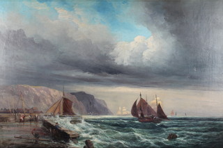 19th Century oil on canvas, unsigned, coastal cliff view with fisherman, boats and ships 19 1/2" x 29" 