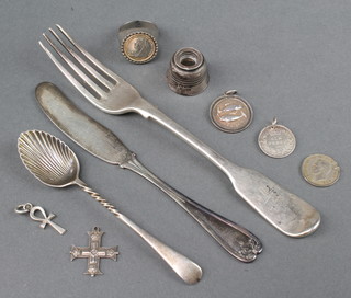 A Tiffany sterling silver butter knife and minor silver items including a miniature Military Cross