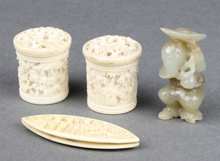 A carved Cantonese elliptical cotton winder 2", 2 ditto boxes 1" and a carved Nephrite figure of a man 1 1/2" 