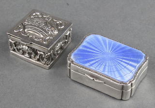A repousse silver square box decorated with a crown Birmingham 1977 1" together with a silver and blue guilloche enamel pill box 1 1/2" 