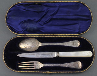 A Victorian silver christening fork and spoon London 1860, together with a silver plated bladed knife, contained in a fitted case