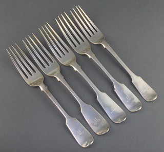 A matched set of 5 silver fiddle pattern table forks London 1839/45/46/73, 380 grams 