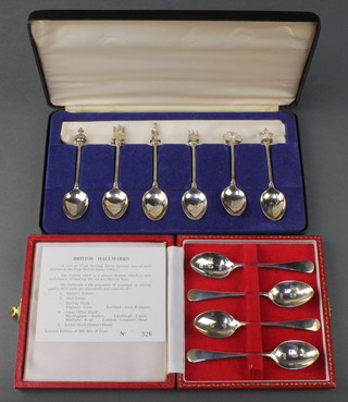 A cased set of 4 silver tea spoons 1977 and 6 commemorative silver tea spoons Birmingham 1977 140 grams 