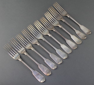 A set of 10 Victorian and later silver forks 476 grams