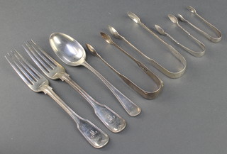 A pair of Victorian silver sugar nips London 1851 and minor silver cutlery 355 grams