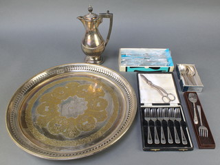 An Edwardian silver plated circular tray and minor plated items 