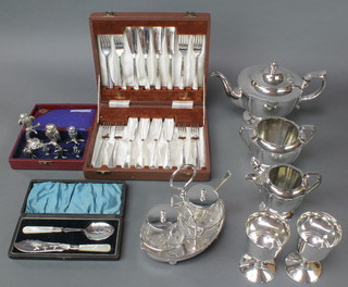 A silver plated 3 piece tea set and minor plated items