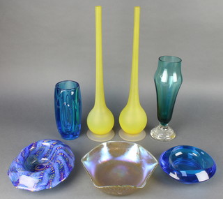 An Art Nouveau iridescent glass bowl 8", a blue ashtray, a pair of yellow bottle vases and 2 other vases