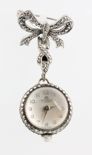 A lady's silver and marcasite Bucherer spherical fob watch with silver marcasite bow  