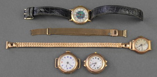 3 ladies 9ct gold wristwatches together with a 9ct yellow gold strap and a gilt wristwatch