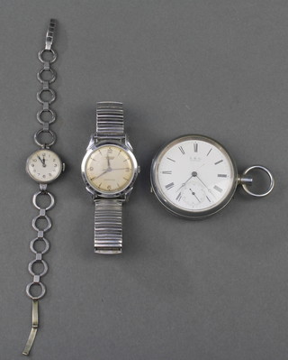 A gentleman's steel cased Tissot camping wristwatch, a lady's  Omega ditto and a nickel cased pocket watch 