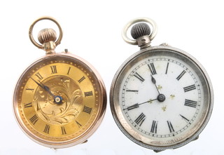 A lady's Edwardian 9ct yellow gold fob watch with champagne dial and a silver ditto 
