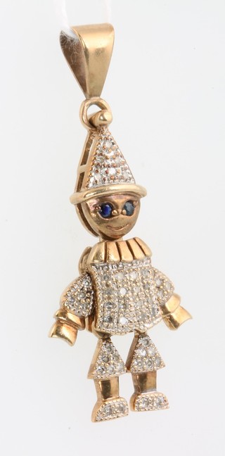 A 9ct yellow gold gem set articulated clown pendant 