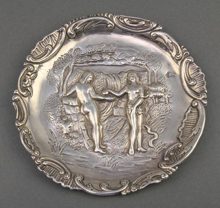 A 19th Century Continental repousse silver circular dish depicting Adam and Eve in the Garden of Eden 4 1/2", 68 grams