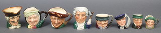 8 Royal Doulton character jugs - Dick Turpin 3 1/2", Apothecary 3 1/2", Drake with A mark 3 1/5", Sarey Gamp 35528 3 1/4", Sam Weller with A mark 2 1/2", Capt. Ahab D6522 2 1/4", Auld Mac 2" and Mr Pickwick 2" 
