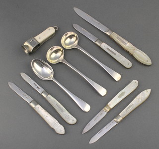 A Victorian silver and mother of pearl fruit knife, 5 others, a cigar cutter and 3 spoons 