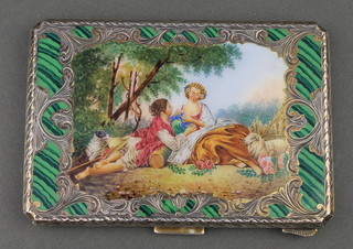 An Edwardian Continental 800 standard silver and enamelled silver cigarette case with fete gallant scene 4 1/2" x 3" 168 grams gross