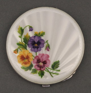 A silver and guilloche enamel circular compact decorated with pansies Birmingham 1948 