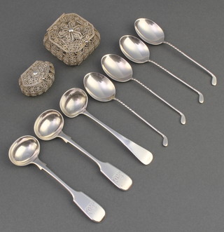 2 Continental filigree silver boxes, 4 novelty silver coffee spoons with golf club handles and 3 other spoons