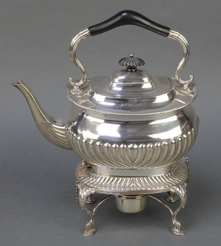A Victorian silver tea kettle and stand with burner having demi-fluted decoration on scroll feet Sheffield 1896, with ebony mounts, gross 1380 grams 