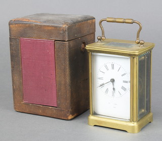 A 19th Century French 8 day carriage timepiece with enamelled dial and Roman numerals contained in a gilt metal case, together with a leather carrying case, the dial bearing retailers name (illegible)  