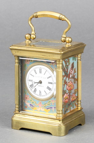 A reproduction miniature enamel and gilt metal carriage timepiece, the circular enamelled dial with Roman numerals marked Elliott London 3 1/2"h x 2 1/2"w x 2"d 