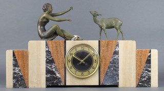 A French Art Deco 3 colour marble clock garniture, the striking mantel clock surmounted by a figure of a seated girl, the dial with gilt chapter ring and Arabic numerals, together with a pair of matching urns 