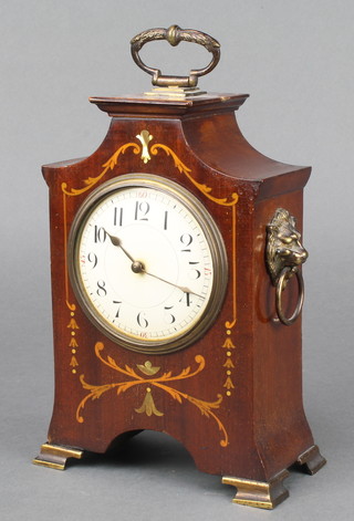 An Edwardian 8 day timepiece with enamelled dial and Arabic numerals contained in an inlaid mahogany case