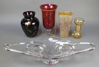 A French Studio Glass freeform bowl 24", a ditto vase 12 1/2", baluster do. 10", a yellow waisted vase 8" and a tapered vase 8" 