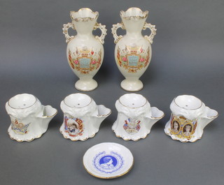 A pair of Victorian commemorative vases 1897 10", 4 reproduction commemorative shaving mugs and a dish