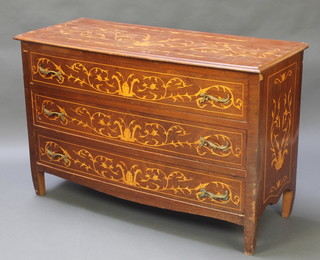 A Dutch style marquetry bow front chest of 3 long drawers raised on shaped feet 32"h x 49"w x 20"d 