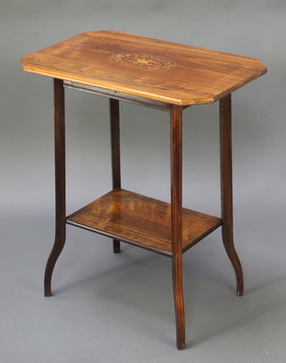 An Edwardian lozenge shaped inlaid mahogany 2 tier occasional table, raised on out swept supports 28"h x 23"w x 15"d 