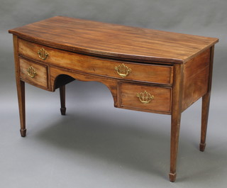 A 19th Century mahogany bow front side table fitted 1 long and 2 short drawers with brass plate drop handles, raised on square tapering supports, spade feet 30"h x 48 1/2" x 24" 