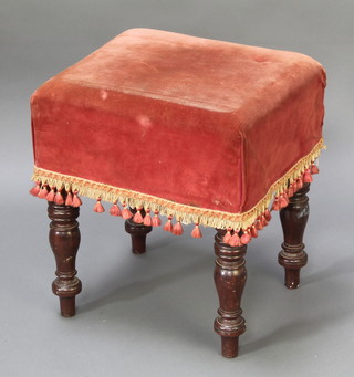 A square Victorian mahogany footstool raised on turned supports 18"h x 16"w x 14"d 